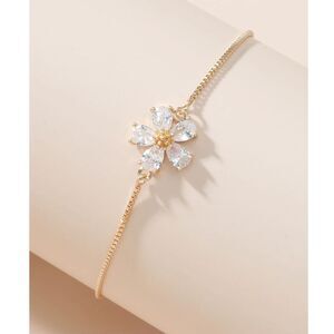 Flower Clear Zironia Crystal Pendant Gold Bracelet Adjstable Dainty Floral Charm